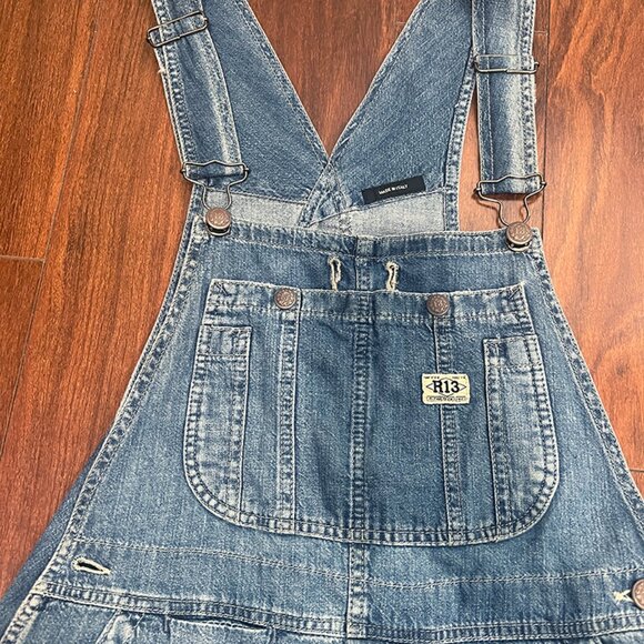 R13 Brindley Wash Distressed Denim Overall Shorts Size M | Frayed Hem - Picture 2 of 6
